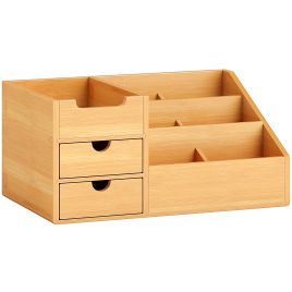 Organiser Holder Multi-Function Storage Caddy Drawers Home Office Stationary Supplies 7 Storage Compartments and 2 Drawers Natural Wood