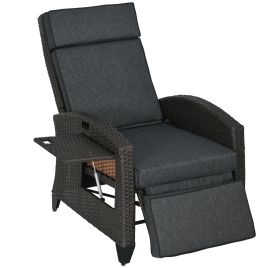 Outdoor Recliner Chair with Adjustable Backrest and Footrest, Cushion, Side Tray, Grey