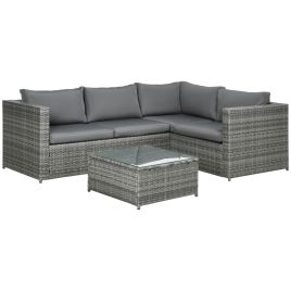3 Pieces Rattan Garden Furniture 4 Seater Outdoor Patio Corner Sofa Chair Set with Coffee Table Thick Cushions Grey