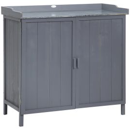 Wooden Garden Storage Shed Tool Cabinet Organiser w/ Potting Bench Table, Two Shelves, 98 x 48 x 95.5 cm, Grey