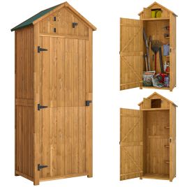 Wooden Garden Storage Shed Vertical Tool Cabinet Organiser w/ Shelves, Lockable Door, 77 x 54.2 x 179 cm, Brown