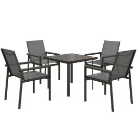 5 Pieces Garden Dining Set with Glass Top Dining Table, Outdoor Umbrella Hole Table and 4 Armchairs w/ Breathable Mesh Fabric Seats