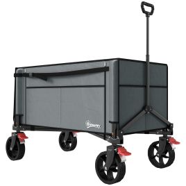 SUNVISTA 150L Folding Trolley Wagon with Brakes & Openable Sides, Adjustable Handle, Grey