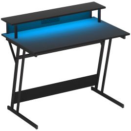 HERON Gaming Desk with LED Lights and Power Outlets, Black