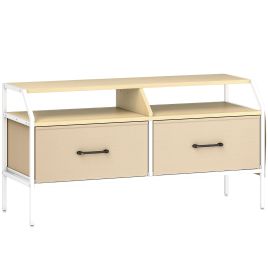 HERON TV Stand Cabinet for 55 inch TVs 2 Foldable Fabric Drawers Console Table - Natural Wood