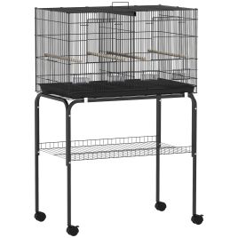 PAWSTER Bird Cage with Divider 4 Wood Perches Slide Out Tray 4 Feeders - Black