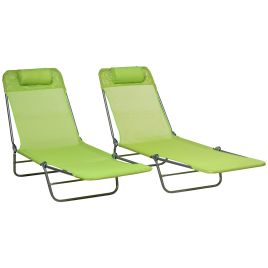 Folding Sun Lounger Set of 2, Outdoor Day Beds with Pillow, Reclining Back, Steel Frame and Breathable Mesh for Beach, Yard, Patio, Green