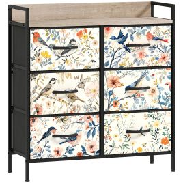 DWELVA Multi Colour Chest of Drawers - Medium-sized, 6 Drawers, Double, Fabric Drawers - Bird Print
