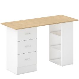 HERON Computer Desk Writing Table PC Workstation 3 Storage Shelves Drawers - Natural Wood White