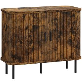 HERON Mid Century Modern Sideboard Slatted Tambour Sliding Doors Steel Legs - Rustic Brown