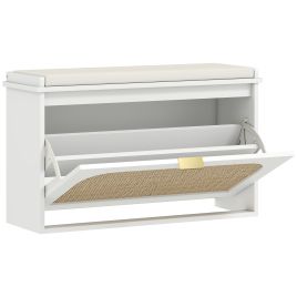 KICKSY Rattan Shoe Bench Padded Seat Flip Drawer - White