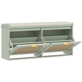 KICKSY Rattan Shoe Bench Padded Seat 2 Flip Drawers - Light Green