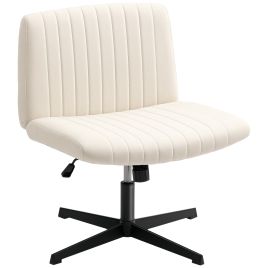 HERON Armless Office Chair No Wheels Linen Fabric Criss Cross Legged Wide Seat - Cream