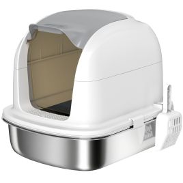 PAWSTER Stainless Steel Cat Litter Box with Lid Enclosed Flip Cover Scoop - White