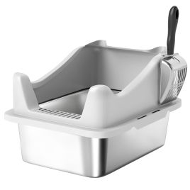PAWSTER Stainless Steel Cat Litter Box with High Sides Metal Scoop - Grey