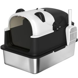 PAWSTER Panda Style XL Stainless Steel Cat Litter Box with Lid Enclosed - Black