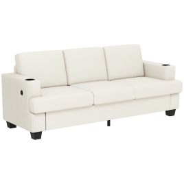 LARIX Chenille Fabric 3 Seater Fullback Sofa with Cup Holders - Cream White