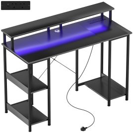 SELVIK Gaming Computer Desk with LED and Power Outlets - Grey