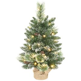 MELDAR Small Christmas Tree Plastic Tabletop Prelit Snow Flocked with Pine Cones - Green