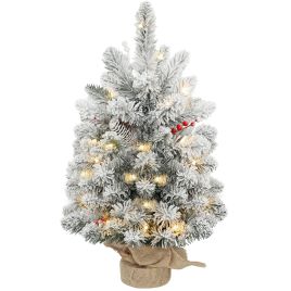 LUVRIC Small Christmas Tree Plastic Tabletop Prelit with LED Lights and Snow Flocked Branches - Green
