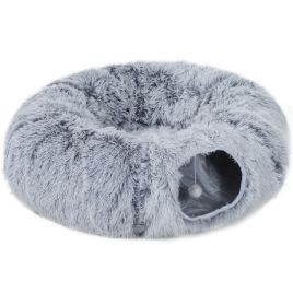 ZARIN 2-in-1 Donut Cat Tunnel Plush with Washable Bed and Toy Ball - Light Grey