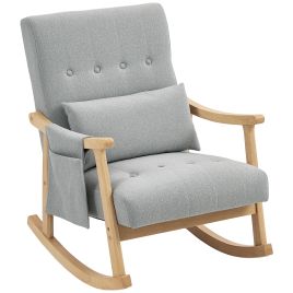 LIRON Linen Wooden Frame Rocking Armchair - Light Grey