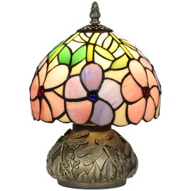 VORANTHYS Sculpted Dragonfly Base Table Lamp with Handcrafted Abtique Stained Glass and E27 Socket - Pink