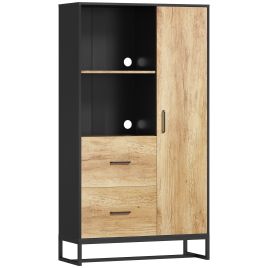 VELSTRAEN Tall Freestanding Kitchen Cabinet with Adjustable Shelves, Drawers and Soft Close Door - Light Wood and Black