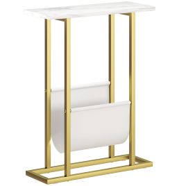 SEVRYNTH Narrow Side Table with Magazine Holder and Marble Grain - White and Gold