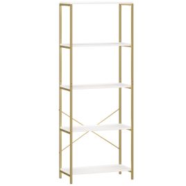 FEREDON 5-Tier Bookshelf, Industrial Bookcase with Metal Frame - White and Gold