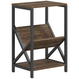 ELDRASSA Narrow Side Table with 3-Tier Storage V Shaped Magazine Holder - Dark Oak