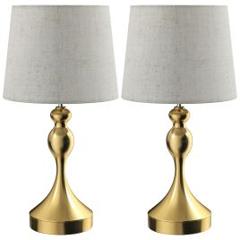 HELVARIN Table Lamp 3 Colour Temperatures with USB A+C Charging Ports and Linen Shade Set of 2 - Gold