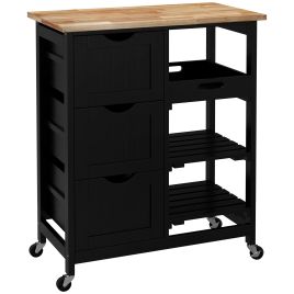 Rolling Kitchen Island Cart with Wood Top - Black
