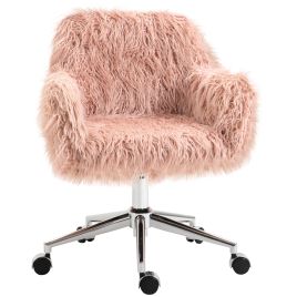 ATWORTH Faux Fur Swivel Office and Makeup Chair with Adjustable Height and Armrests - Pink, Silver Tone and Black