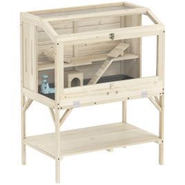 NORBY 2 Tier Wooden Hamster Cage with Shelf - Natural