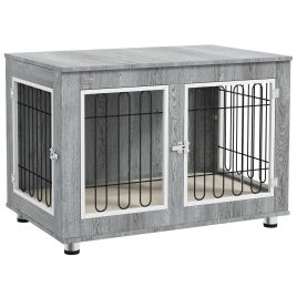 BAKEWELL Dog Crate Furniture End Table with Cushion and Double Doors for Medium and Large Dogs - Grey, White and Black