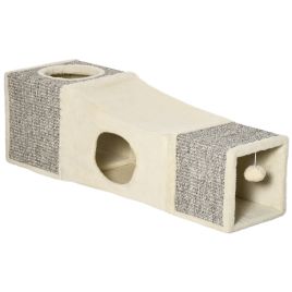 BARROWDEN Plush Cat Play Tunnel with 2 Caves and Hanging Ball - Brown and Beige