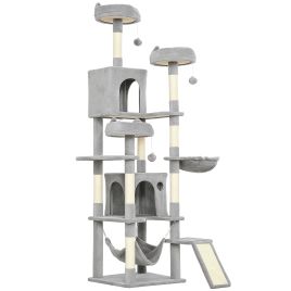 BRANSCOMBE 192 cm Cat Tree with 8 Scratching Posts, 3 Plush Beds and 2 Hammocks - Light Grey and Cream White