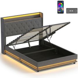 Valford Double Ottoman Storage Fabric Bedframe with LED Light - Dark Grey