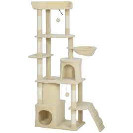 HALYVORN 170 cm Cat Tree with 7 Scratching Posts, 2 Condos, Tunnel, Hammock, Perch and Ramp - Beige and Cream White