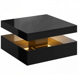 CLANDON High Gloss LED Coffee Table with 2 Tiers, Open Storage Shelf and Remote Control - High Gloss Black