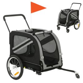 GLASTONBURY 2 in 1 Dog Bike Trailer and Pet Stroller with Universal Wheel and Reflector Flag - Grey and Black