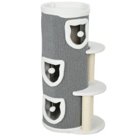 BUCKDEN 101 cm Cat Tree with 3 Barrel Condos, 3 Platforms and Sisal Scratching Posts - Grey, White and Cream