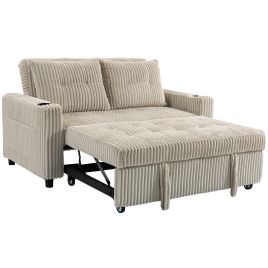 VEXLORN Corduroy 2 Seater Sofa Bed with Click Clack Backrest and Pull Out Sleeper - Cream White
