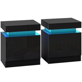CHARING Set of 2 High Gloss Bedside Tables with LED Lights and 2 Drawers - Black