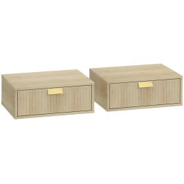 OAKWOOD Set of 2 Wall Mounted Floating Bedside Tables with Wave Drawers - Oak
