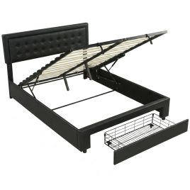 XERYTHRA Kingsize PU Leather Ottoman Storage Bedframe with Front Drawer - Black