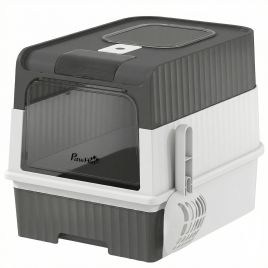 SANDHURST Enclosed Cat Litter Box with Pull Out Tray, Scoop, Front Entry and Top Exit - Grey, White and Black