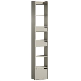 CALDECOTE 5 Tier Tall Narrow Bookcase with Drawers and Freestanding Storage - Grey