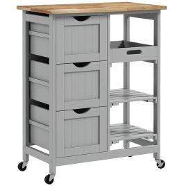 SUDBURY Rolling Kitchen Island and Serving Cart with Wood Top, Shelves and Drawers - Grey